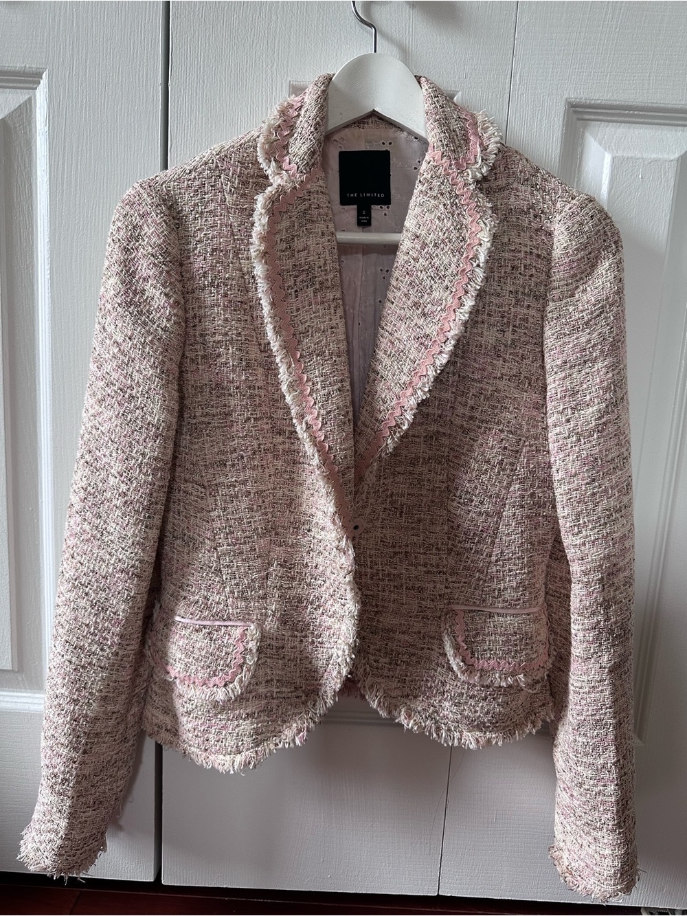 The Limited Pink & Cream Tweed Frayed-Trim Blazer